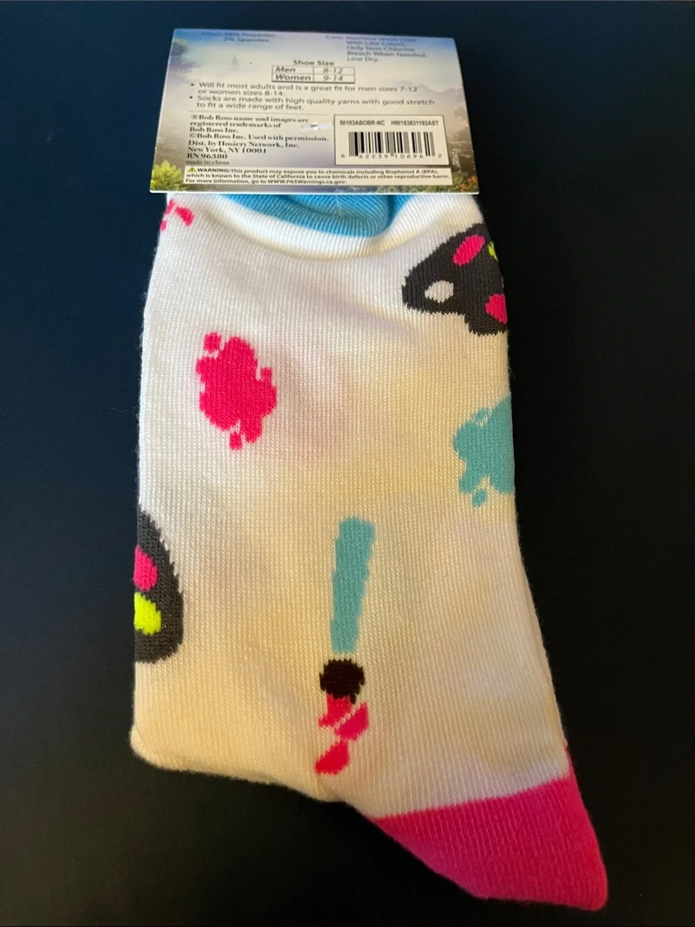 Bob Ross Men’s White Crew Socks with Neon Accents